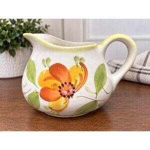 Vintage Portugal Hand-Painted Floral Ceramic Pitcher Orange Yellow 6.5”